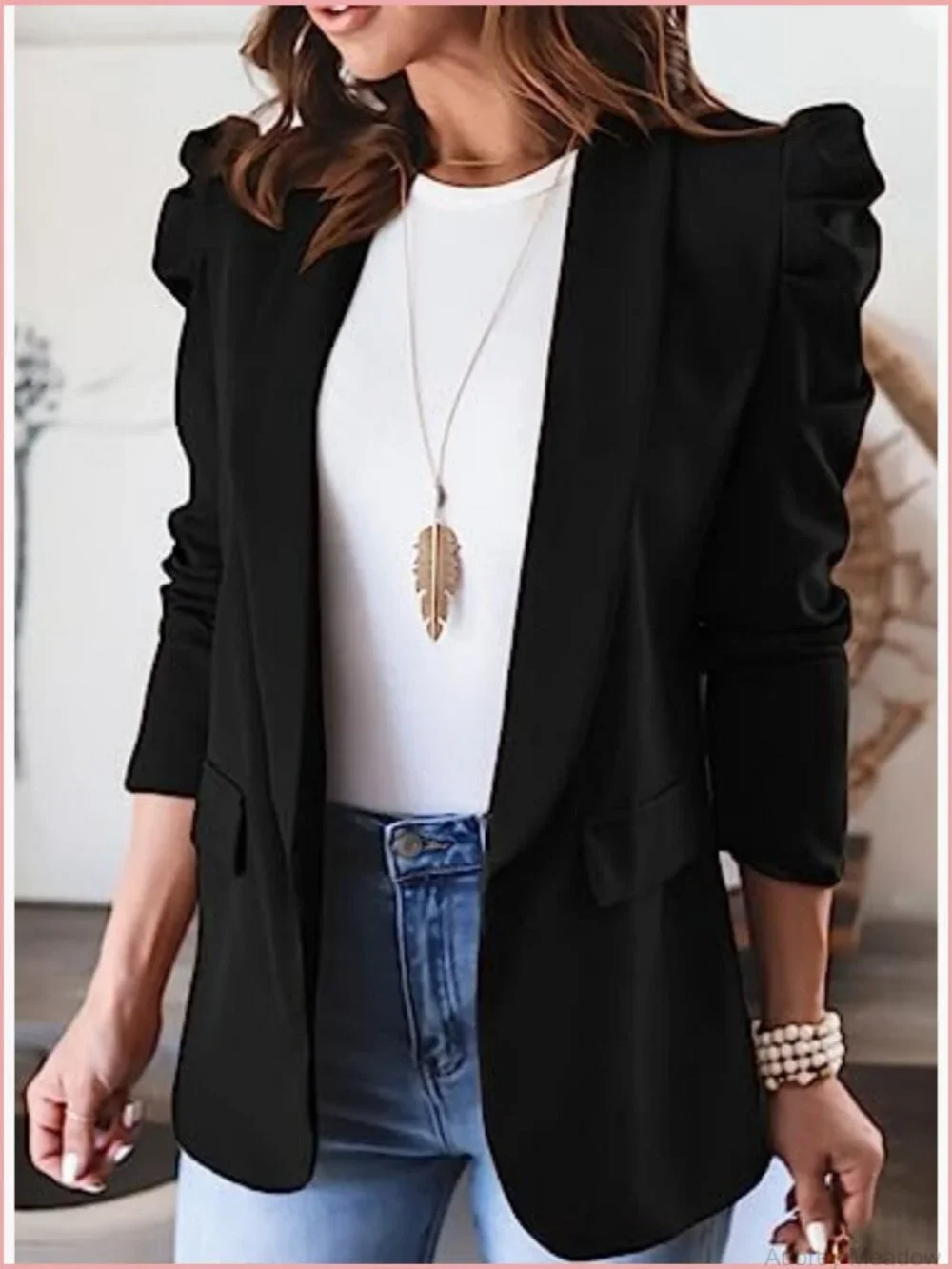 Women's Open Front Blazer, Puff Long Sleeve, Work Office Suit Jacket